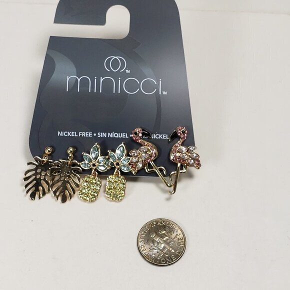 Minicci 3 Pairs of Gold-Tone Crystal Post Drop Earrings, Flamingo, Leaf, Flower - Picture 5 of 11